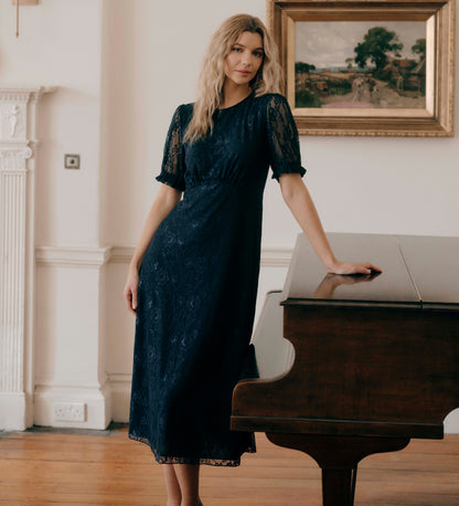 Mela Navy Lace Round Neck Puff Sleeve Midi Tea Dress