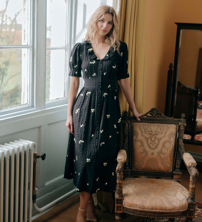 Aoife Black Embroidered Gingham Seersucker Midi Dress