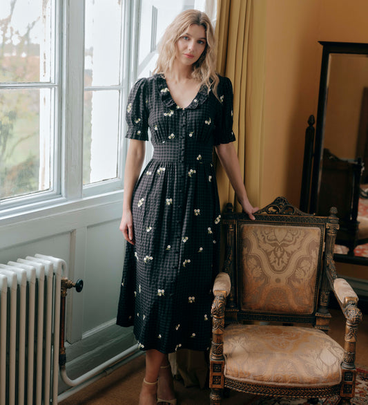 Aoife Black Embroidered Gingham Seersucker Midi Dress