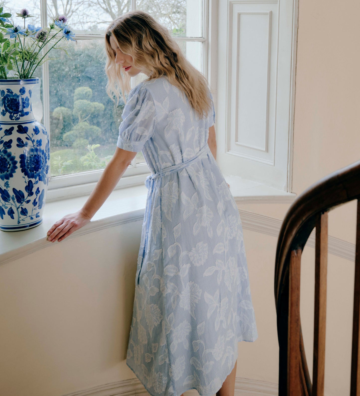 Mariah Blue Floral Jacquard Stripe Cotton Midi Shirt Dress