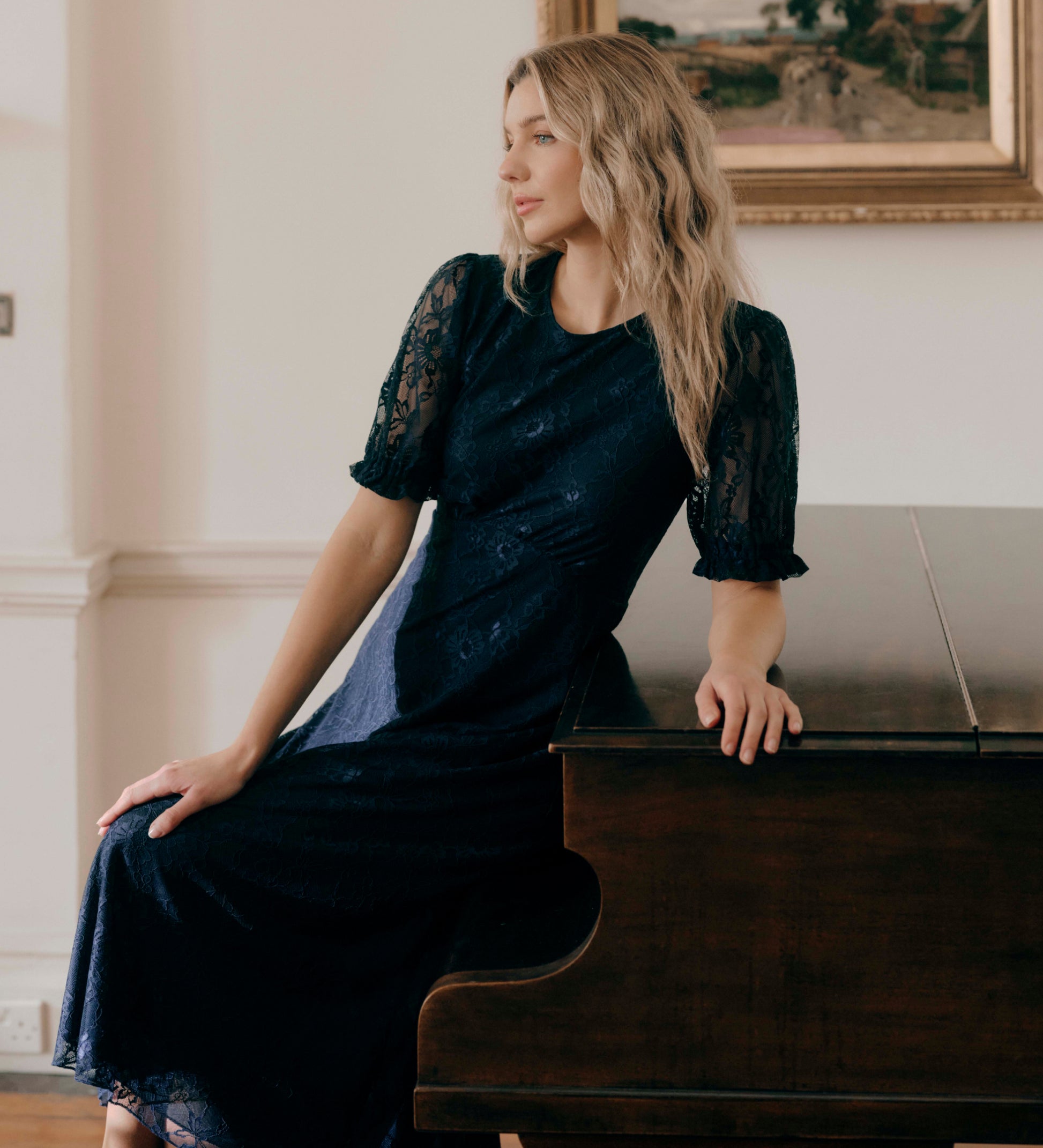 Mela Navy Lace Round Neck Puff Sleeve Midi Tea Dress  Finery London