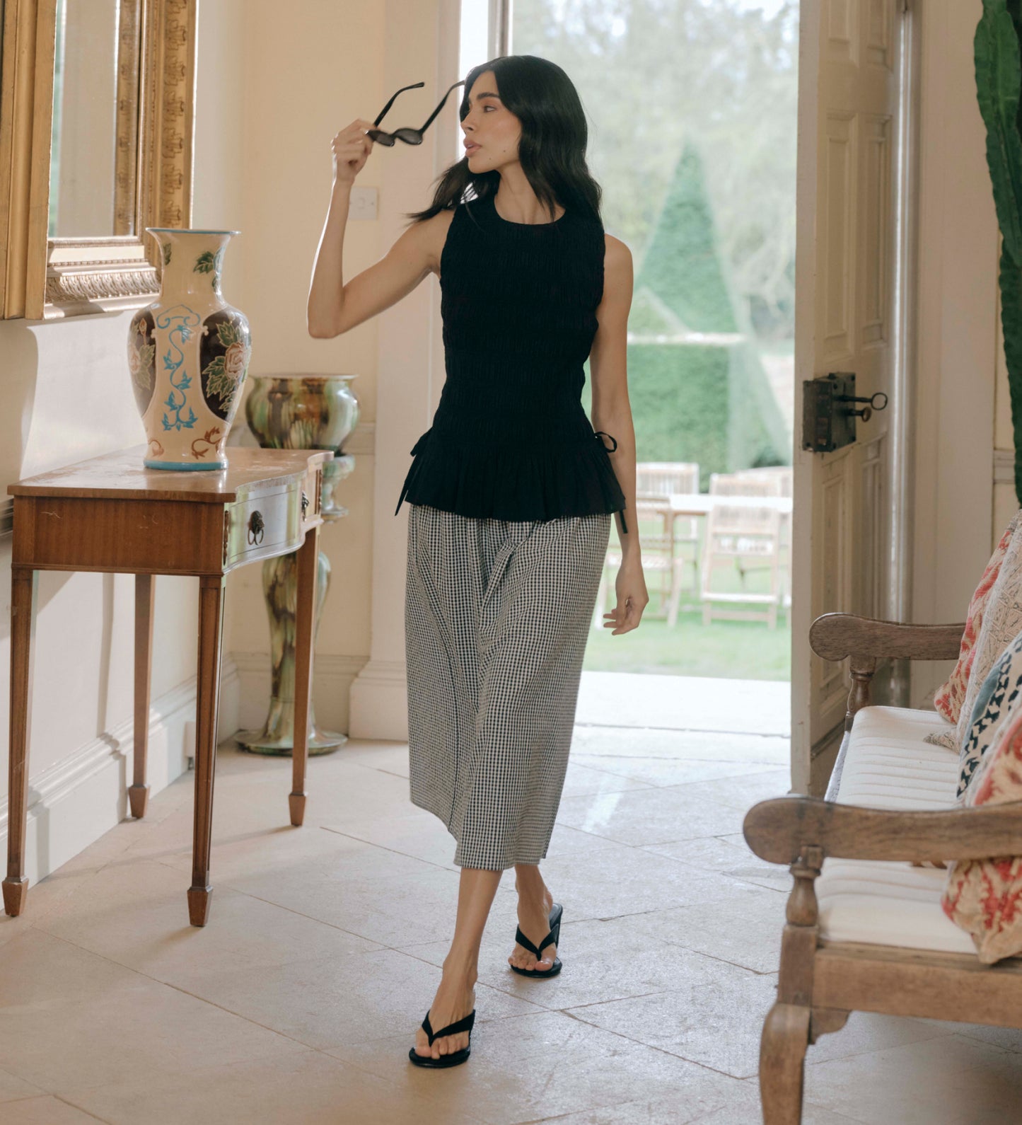 Malani Black Cotton Poplin Shirred Peplum Shell Top