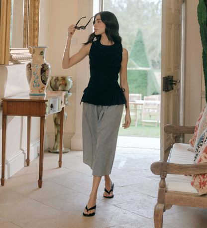 Malani Black Cotton Poplin Shirred Peplum Shell Top