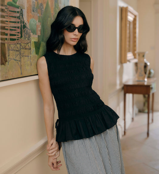 Malani Black Cotton Poplin Shirred Peplum Shell Top