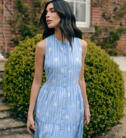 Rose Blue Stripe Cotton Broderie Sleeveless Midi Shirt Dress