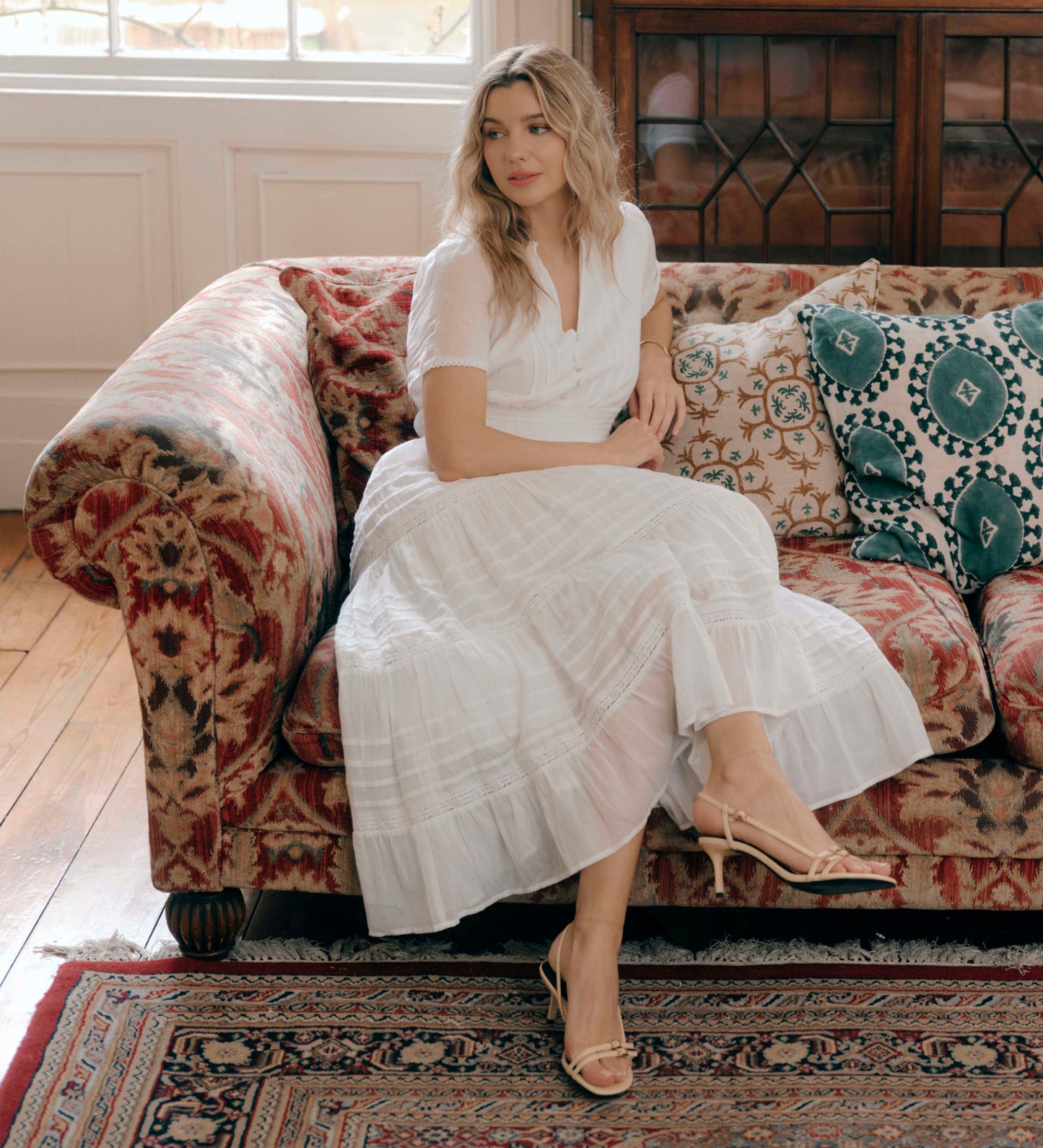 Juniper White Cotton Lace Tiered Midi Dress