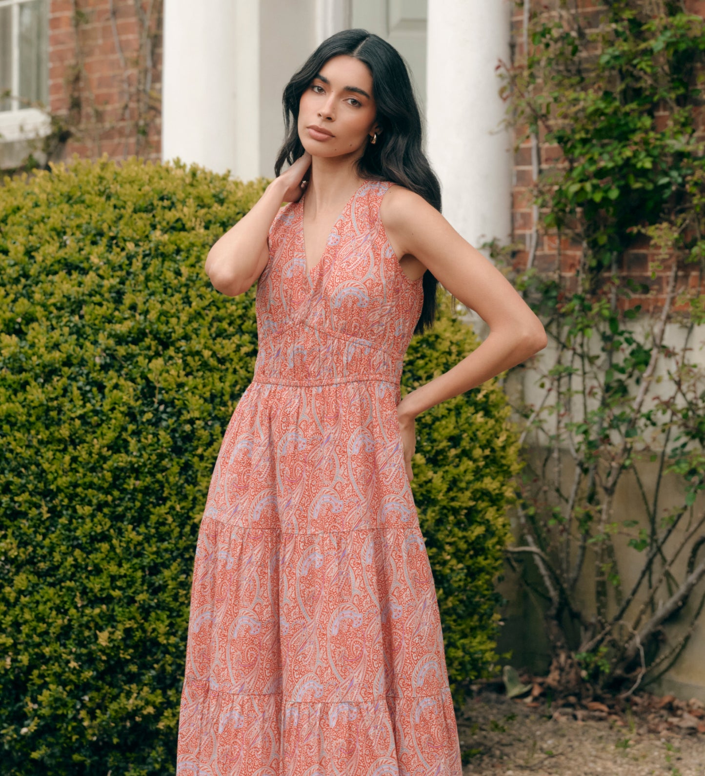 Shannon Orange Paisley Cotton Voile Tiered Midi Dress