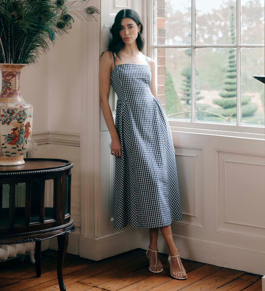 Romina Navy Cotton Gingham Fitted Midi Dress