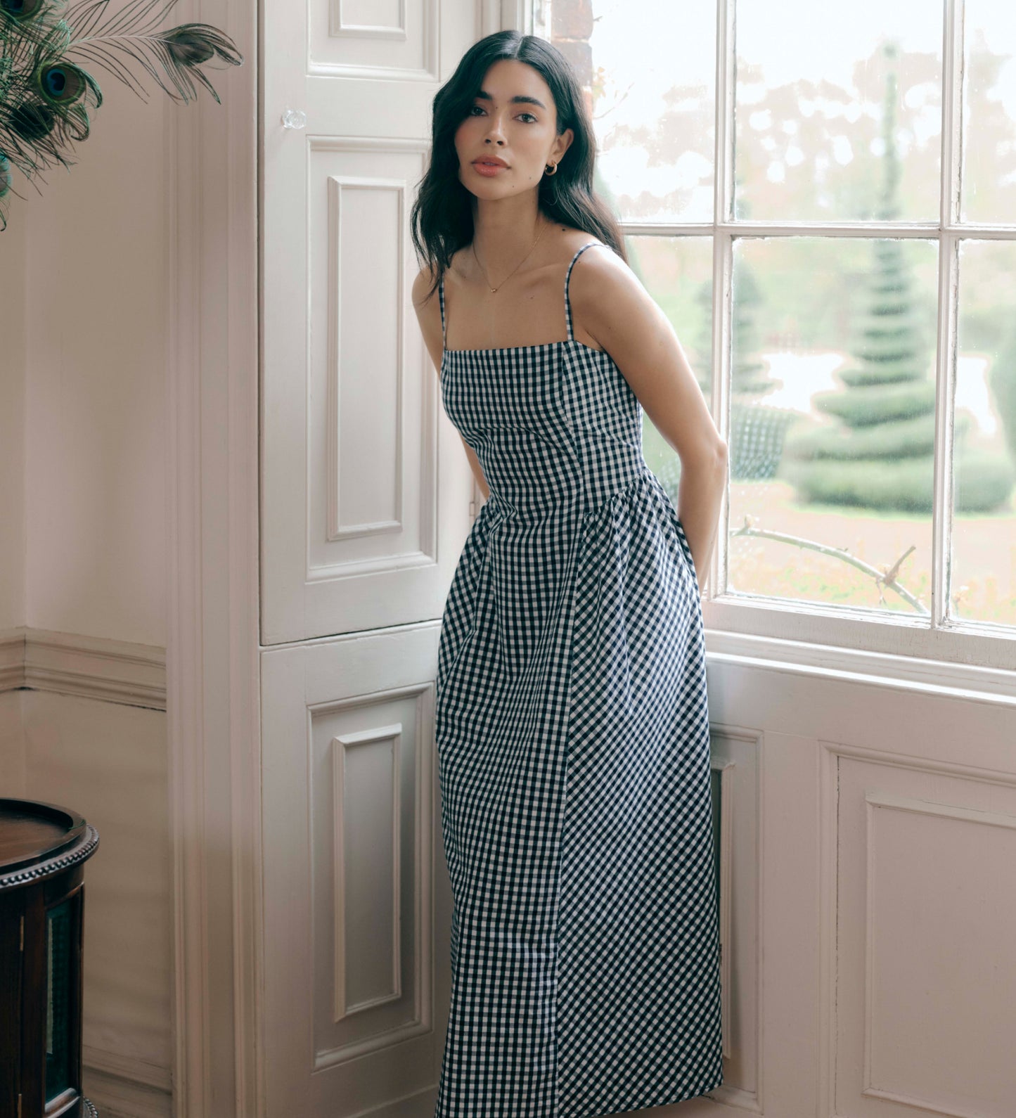 Romina Navy Cotton Gingham Fitted Midi Dress