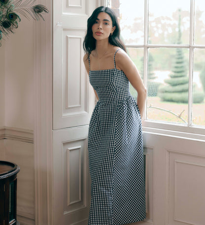 Romina Navy Cotton Gingham Fitted Midi Dress