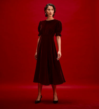 Mela Burgundy Velvet Midi Tea Dress