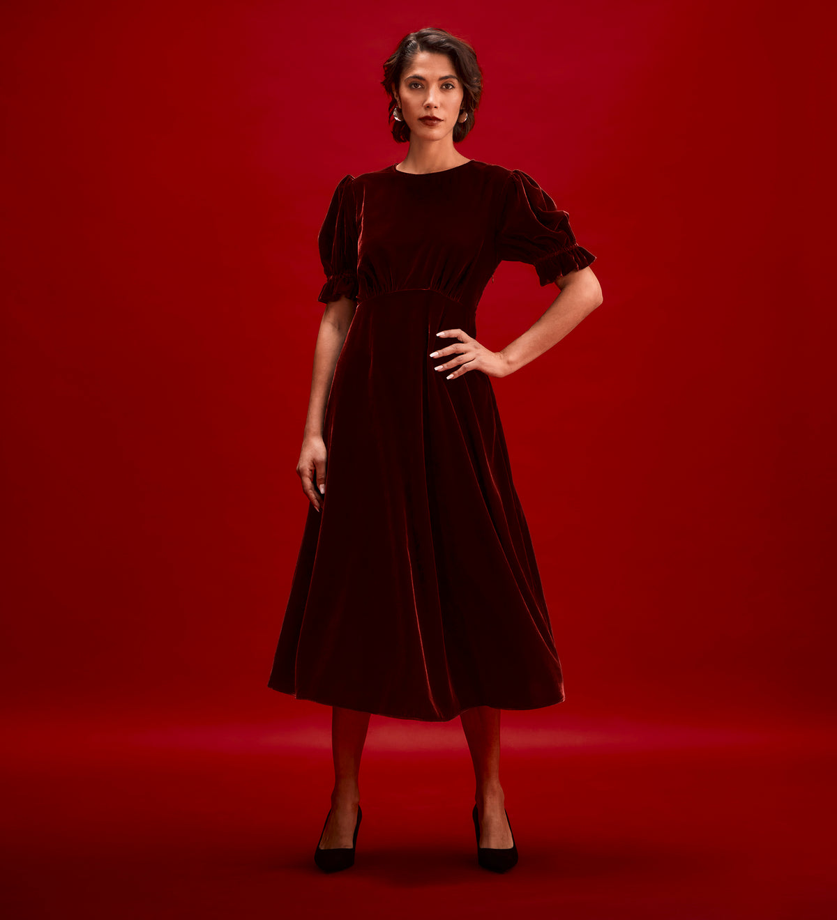 Mela Burgundy Velvet Midi Tea Dress