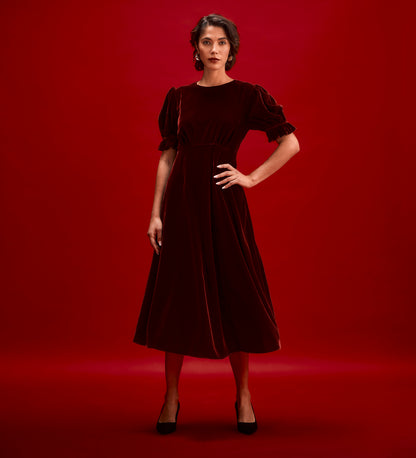 Mela Burgundy Velvet Midi Tea Dress
