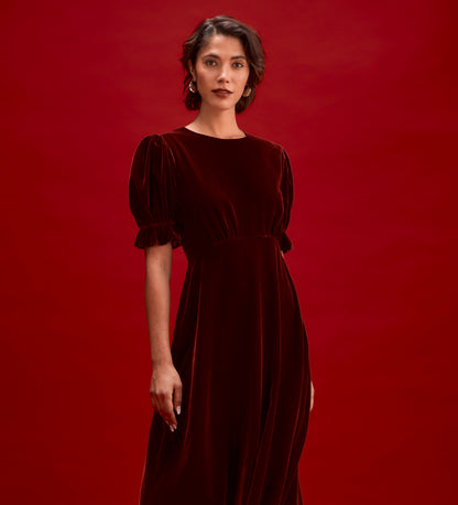 Mela Burgundy Velvet Midi Tea Dress