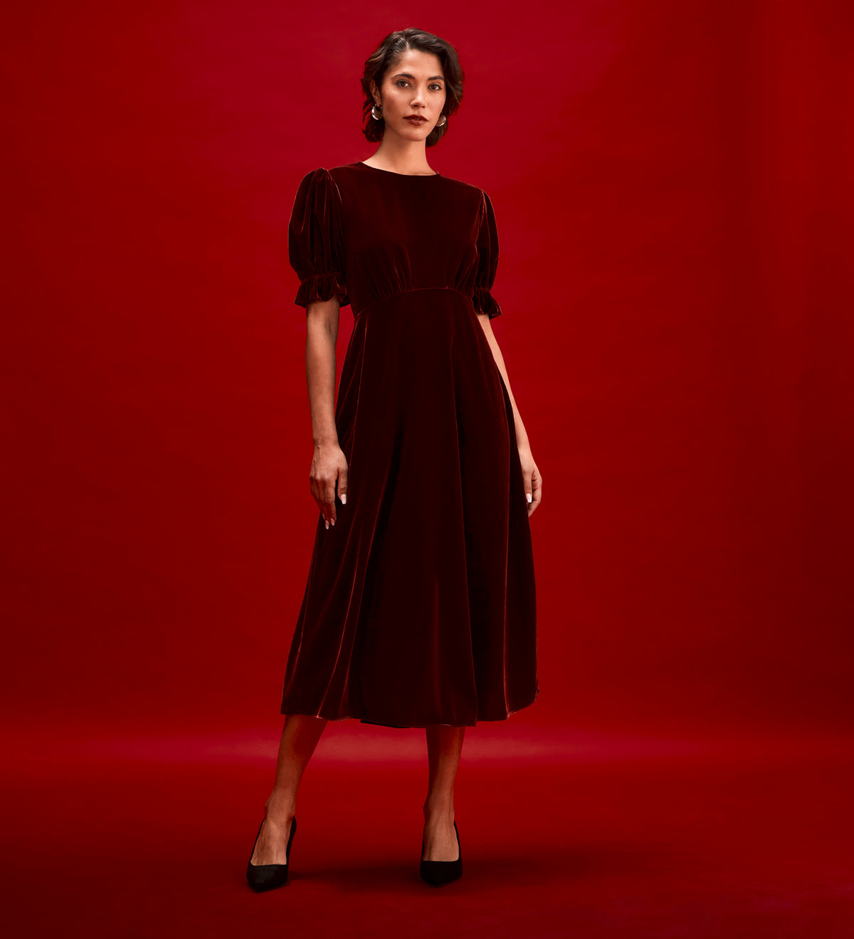 Mela Burgundy Velvet Midi Tea Dress