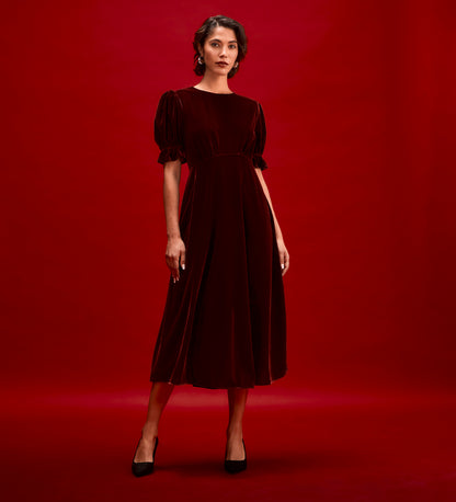 Mela Burgundy Velvet Midi Tea Dress
