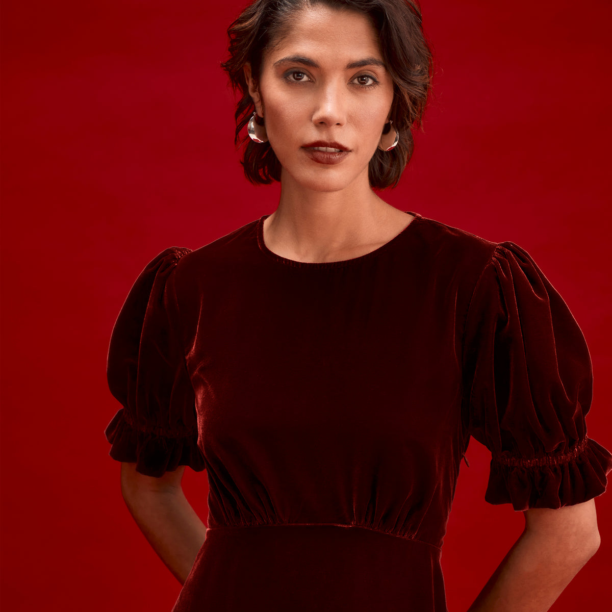 Mela Burgundy Velvet Midi Tea Dress