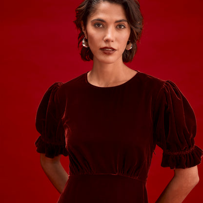 Mela Burgundy Velvet Midi Tea Dress