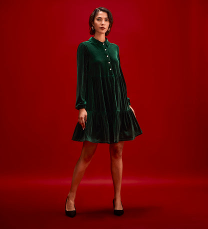 Rosanna Bottle Green Velvet Short Dress