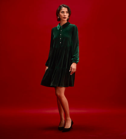 Rosanna Bottle Green Velvet Short Dress