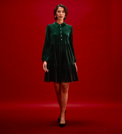 Rosanna Bottle Green Velvet Short Dress