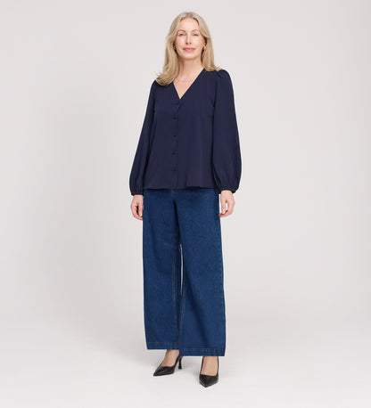 Evora Navy Button Up V-neck Top