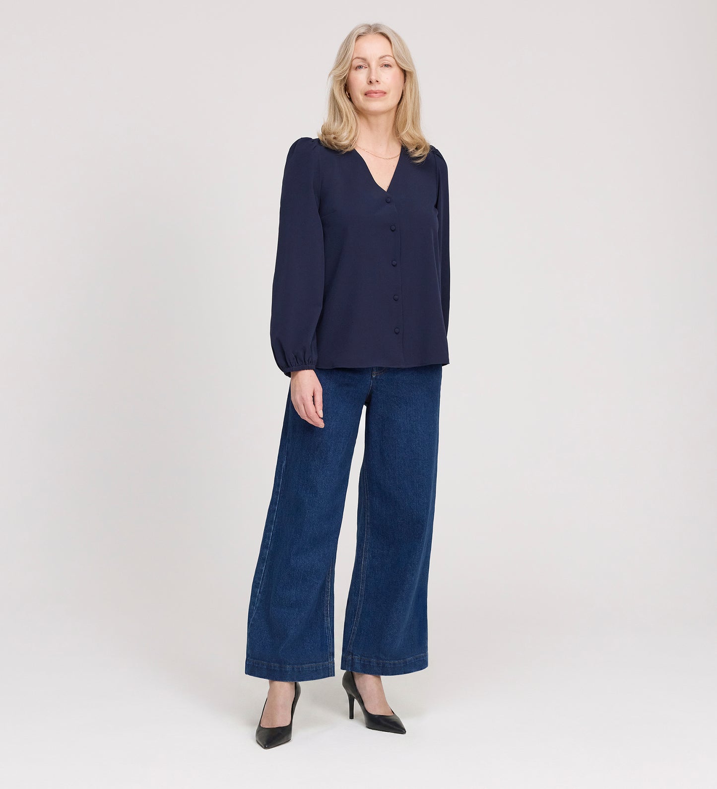 Evora Navy Button Up V-neck Top