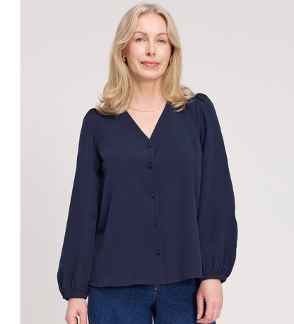 Evora Navy Button Up V-neck Top
