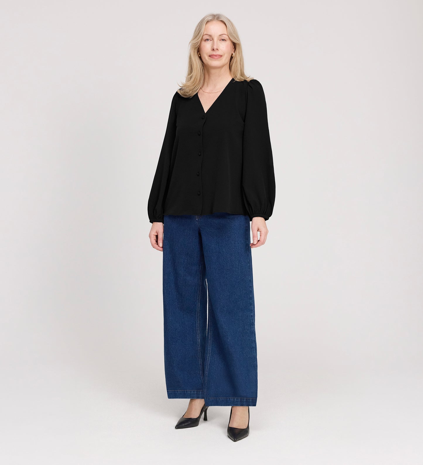 Elvora Black Button Up V-neck Top