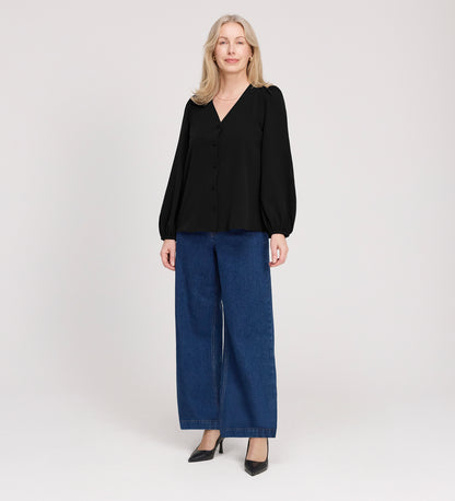Elvora Black Button Up V-neck Top
