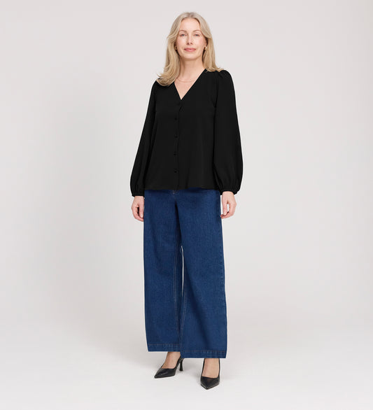 Elvora Black Button Up V-neck Top