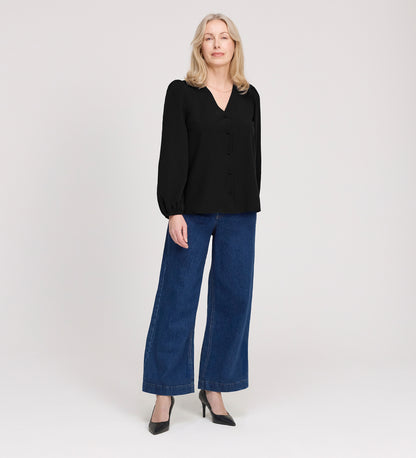 Elvora Black Button Up V-neck Top