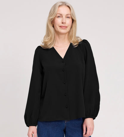 Elvora Black Button Up V-neck Top