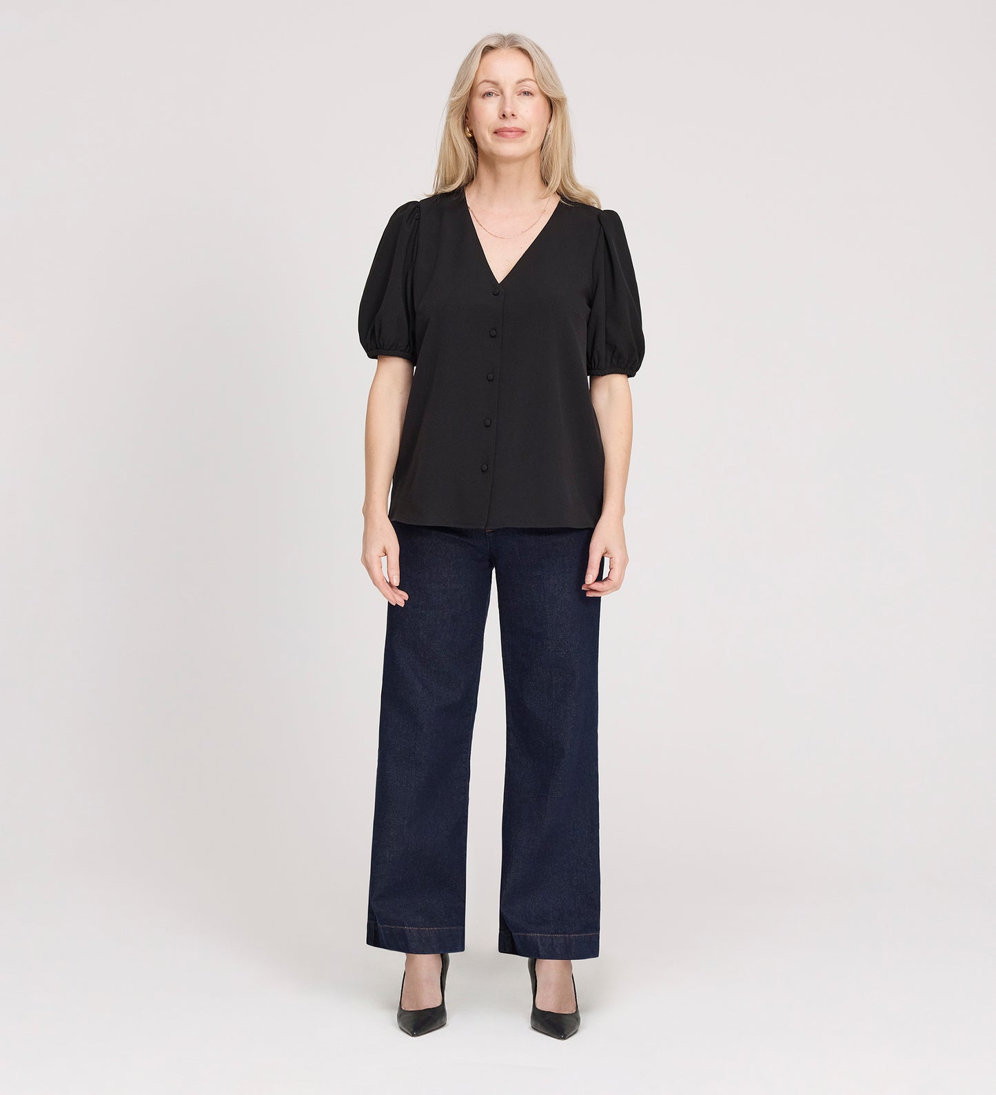 Fleur Black Button Down Short Sleeve Top