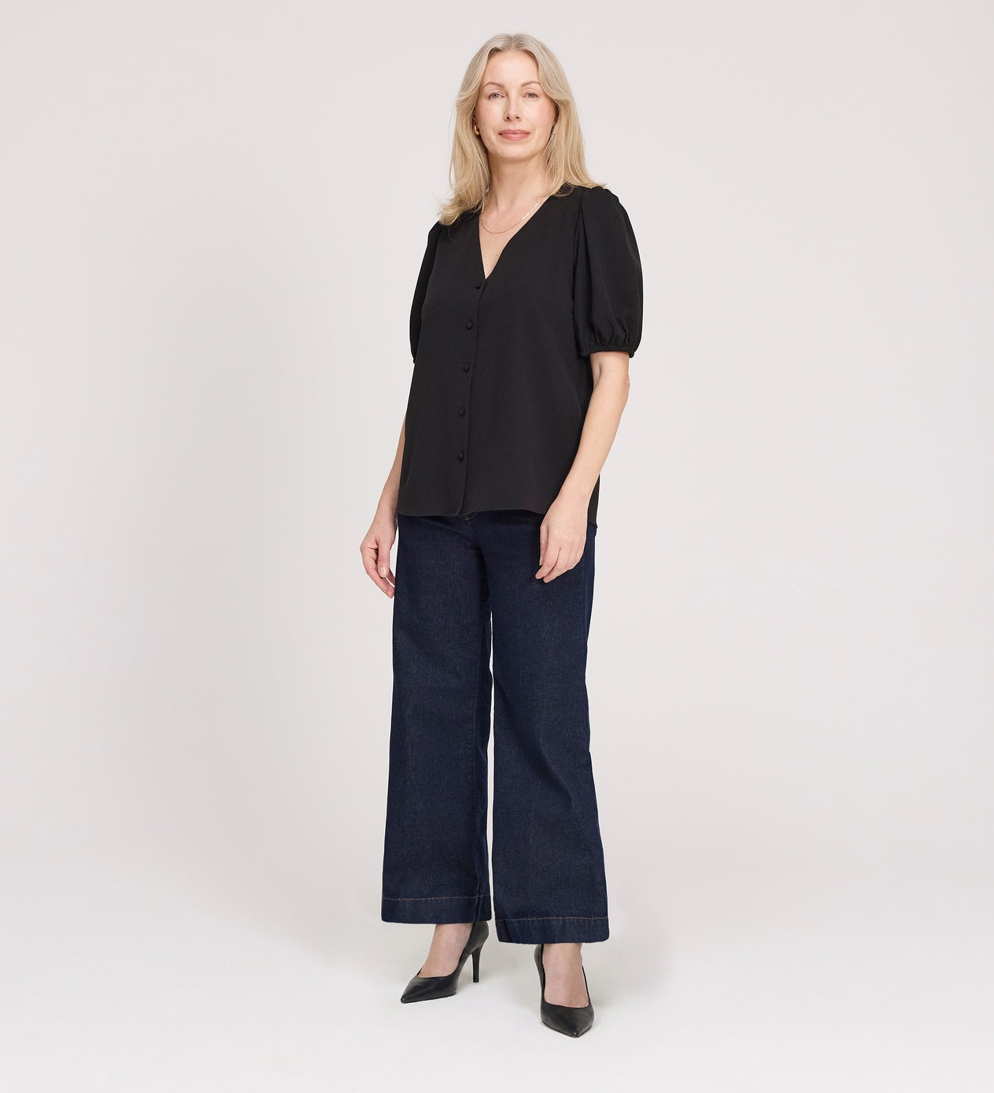 Fleur Black Button Down Short Sleeve Top