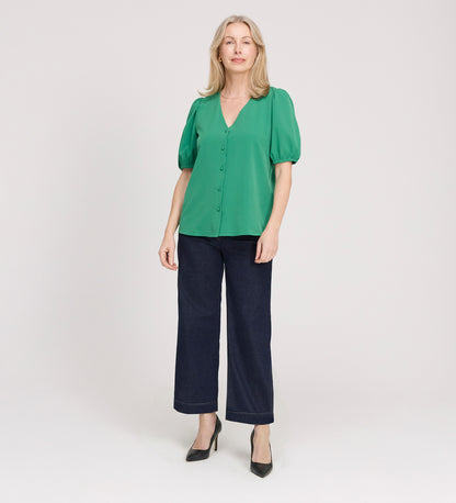 Fleur Green Button Down Short Sleeve Top