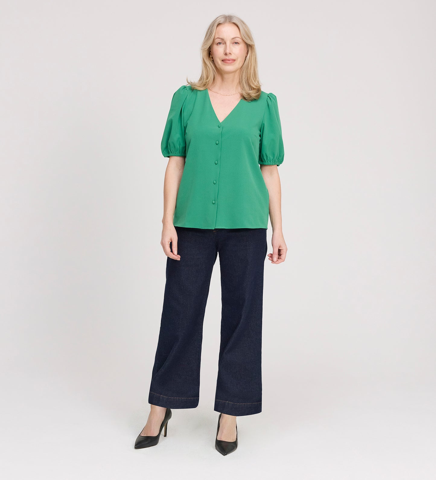 Fleur Green Button Down Short Sleeve Top