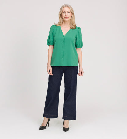 Fleur Green Button Down Short Sleeve Top