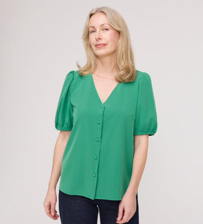 Fleur Green Button Down Short Sleeve Top