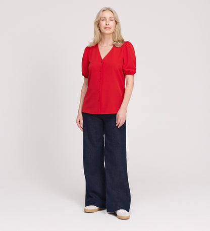 Fleur Red Button Down Short Sleeve Top
