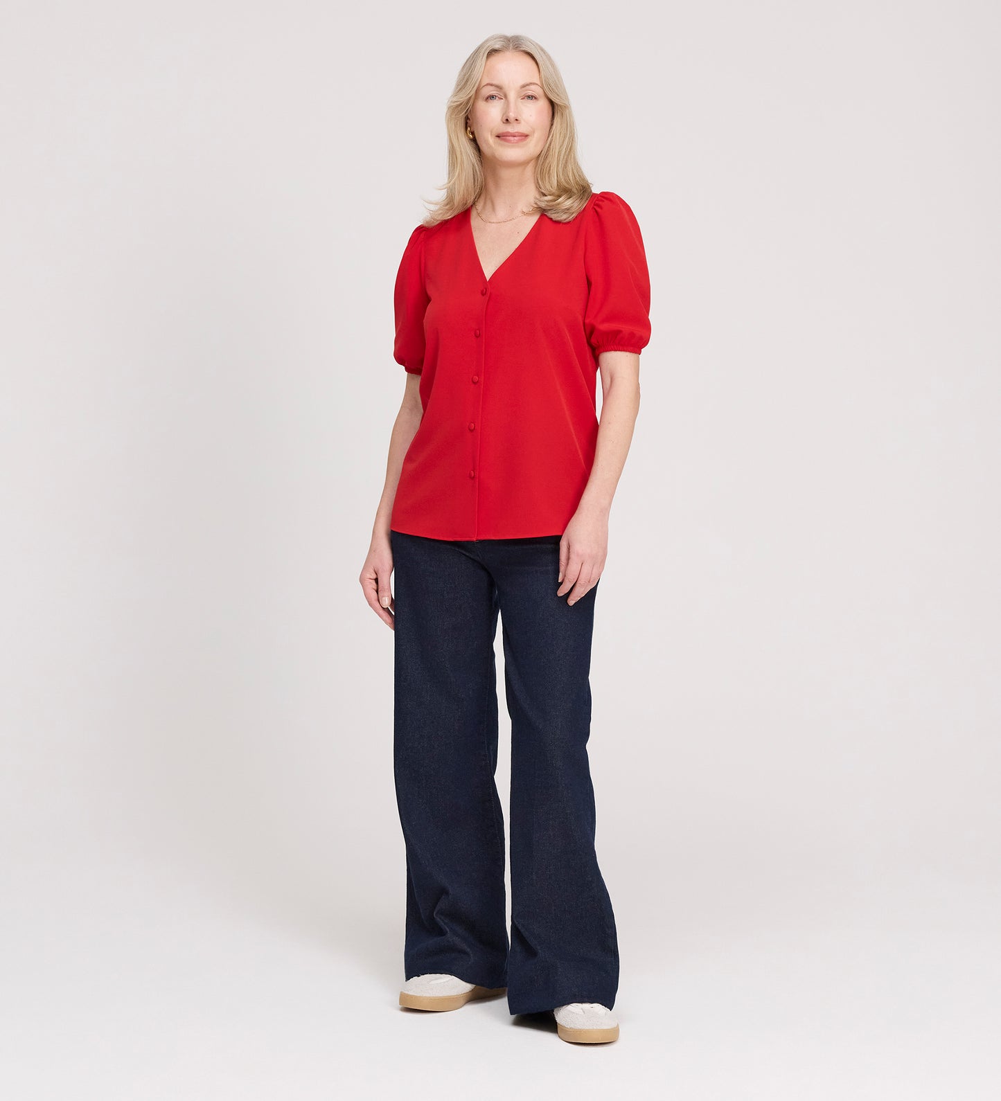 Fleur Red Button Down Short Sleeve Top