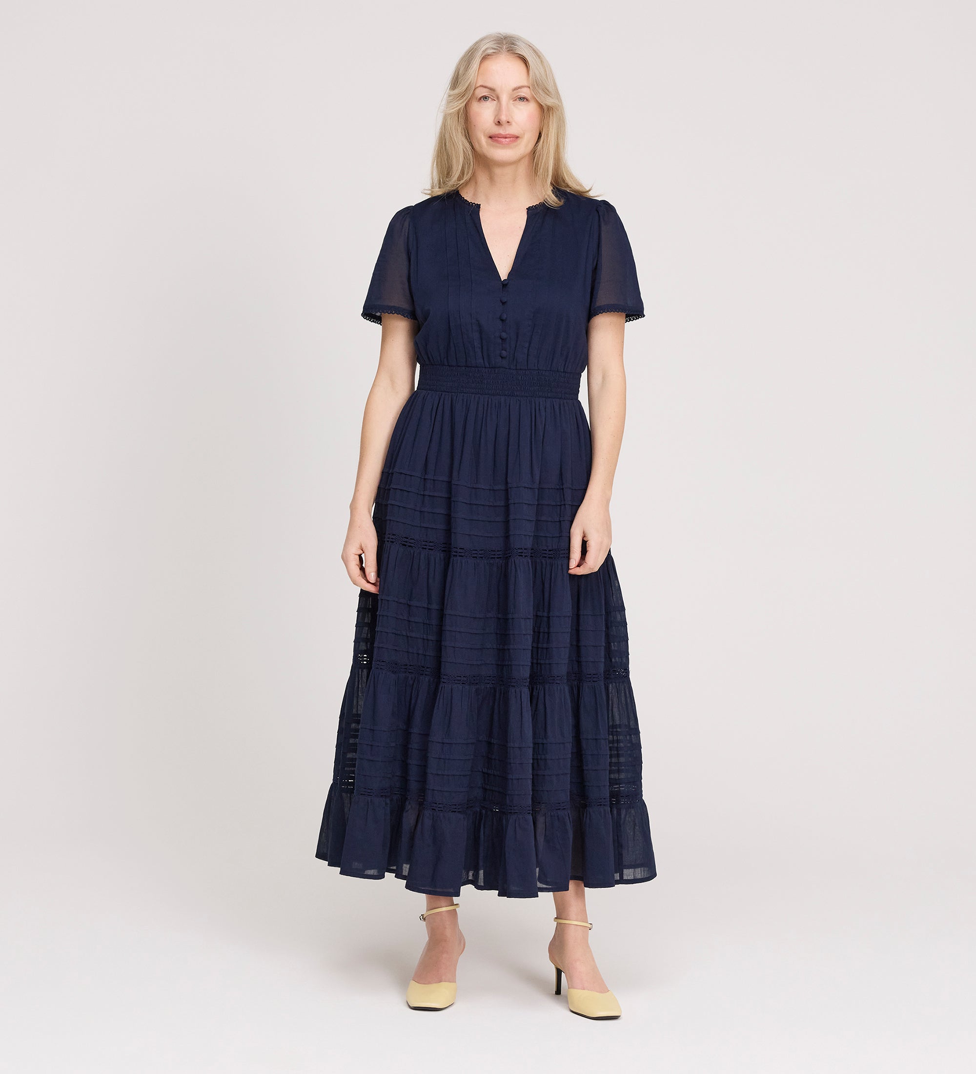Juniper Navy Cotton Lace Tiered Midi Dress – Finery London