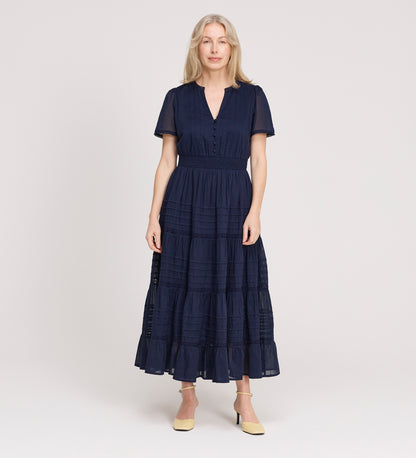 Juniper Navy Cotton Lace Tiered Midi Dress