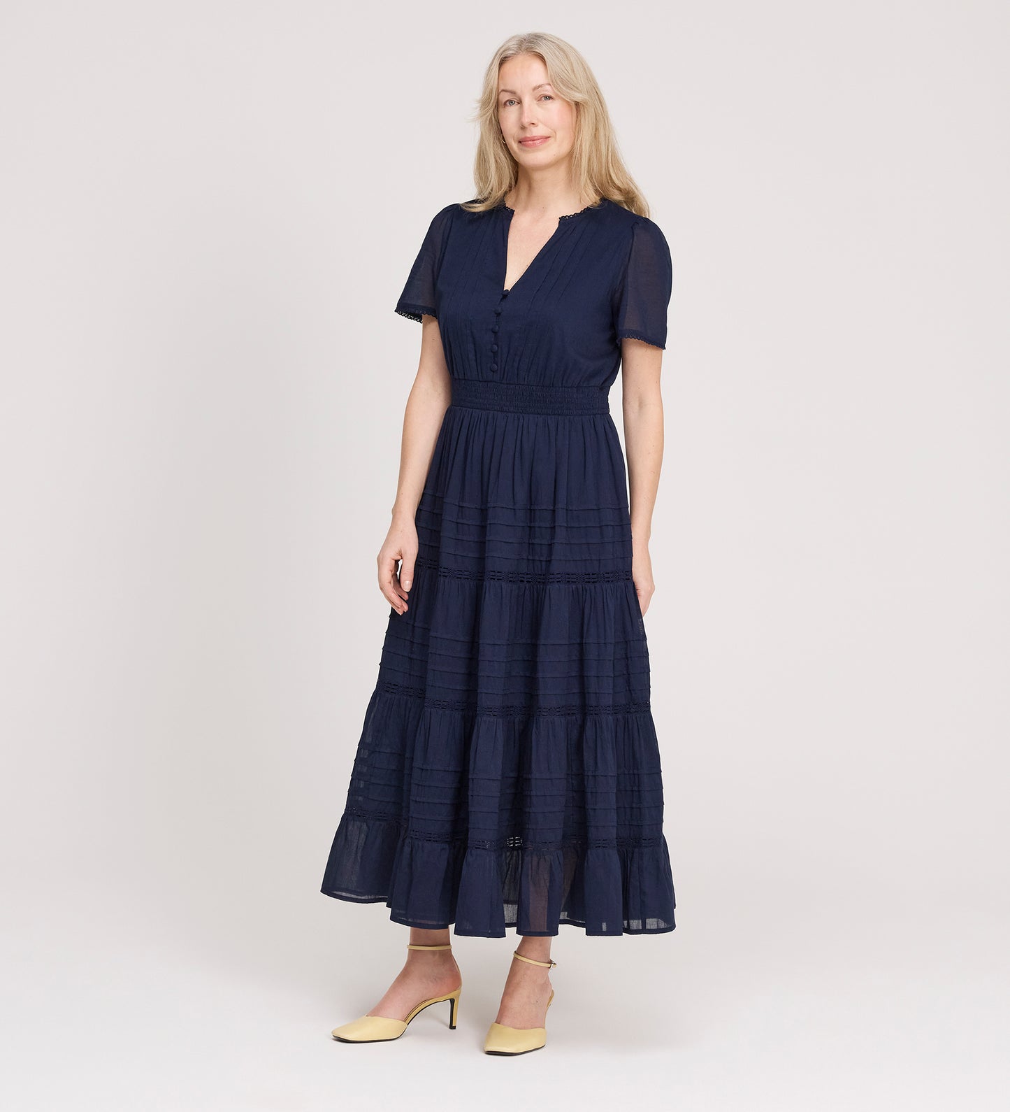 Juniper Navy Cotton Lace Tiered Midi Dress