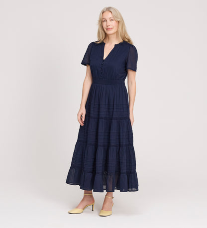 Juniper Navy Cotton Lace Tiered Midi Dress