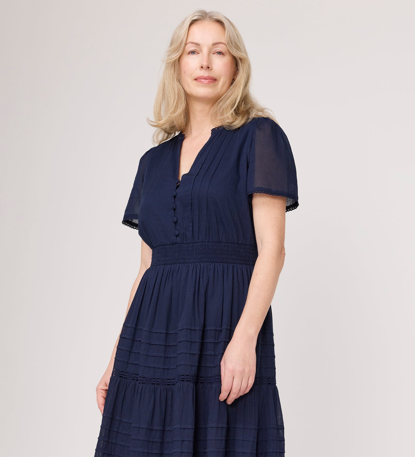 Juniper Navy Cotton Lace Tiered Midi Dress