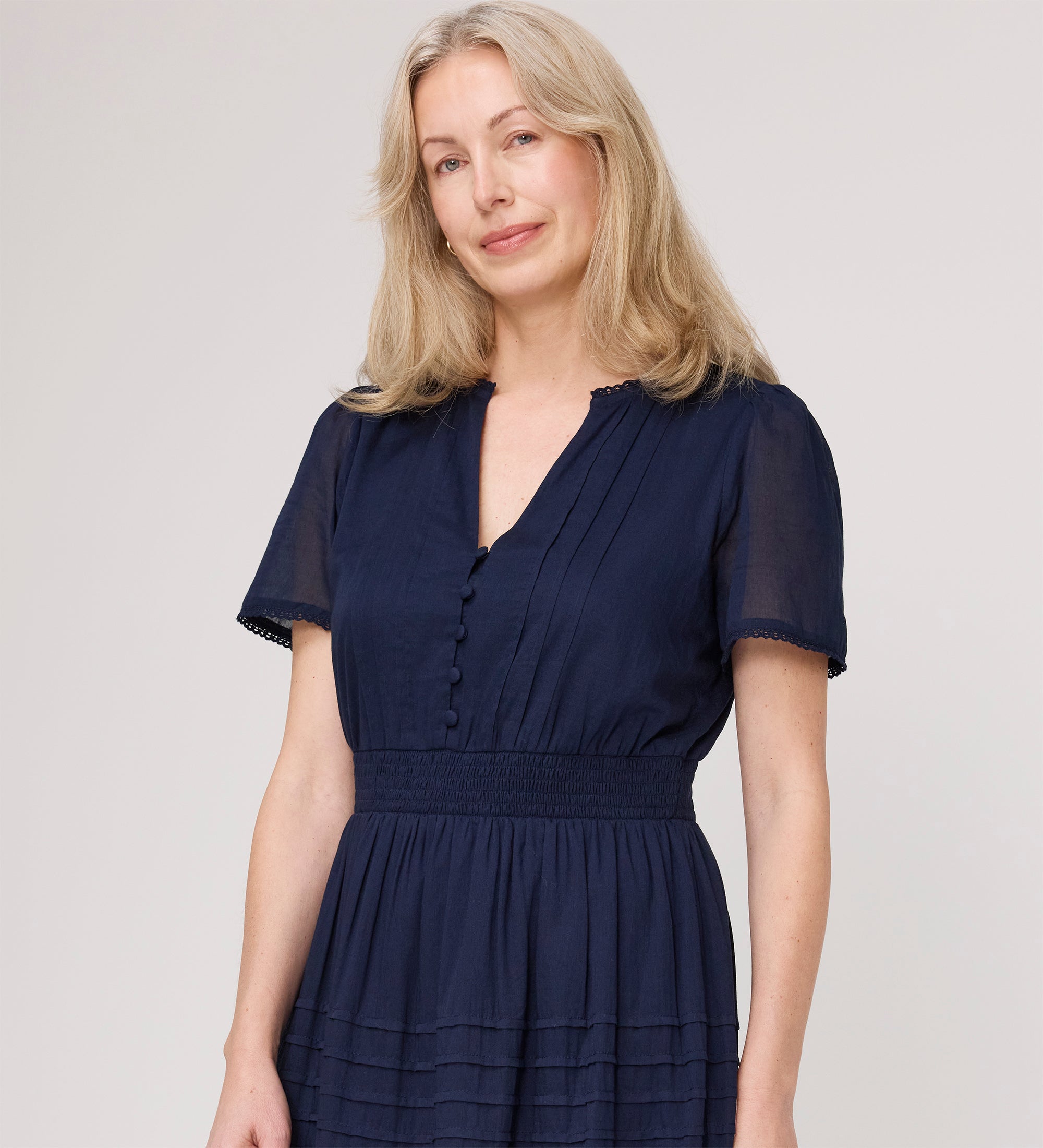 Juniper Navy Cotton Lace Tiered Midi Dress – Finery London