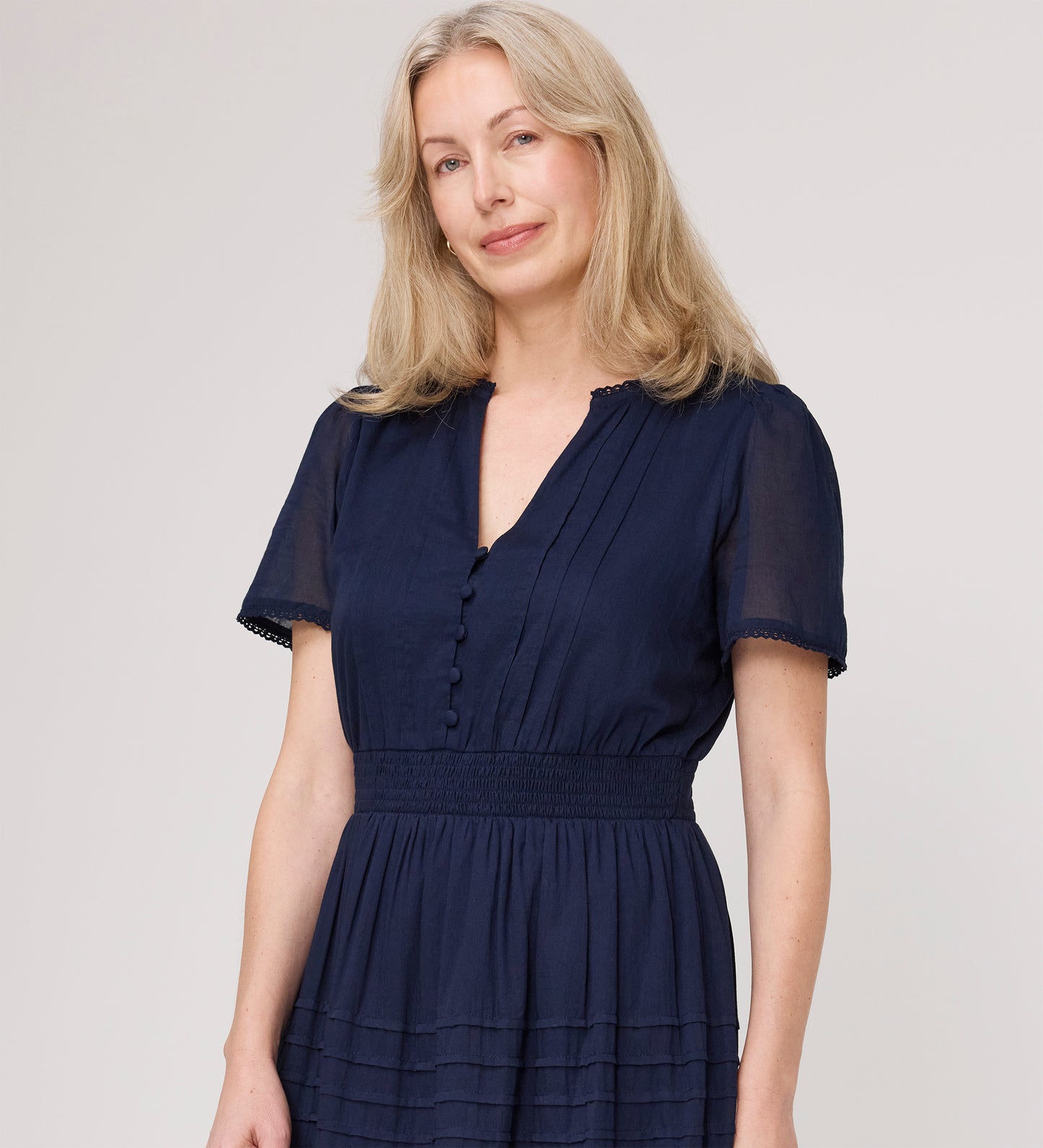 Juniper Navy Cotton Lace Tiered Midi Dress