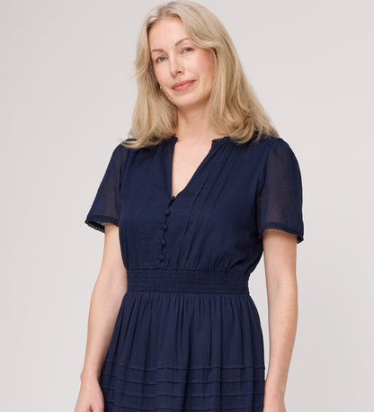 Juniper Navy Cotton Lace Tiered Midi Dress