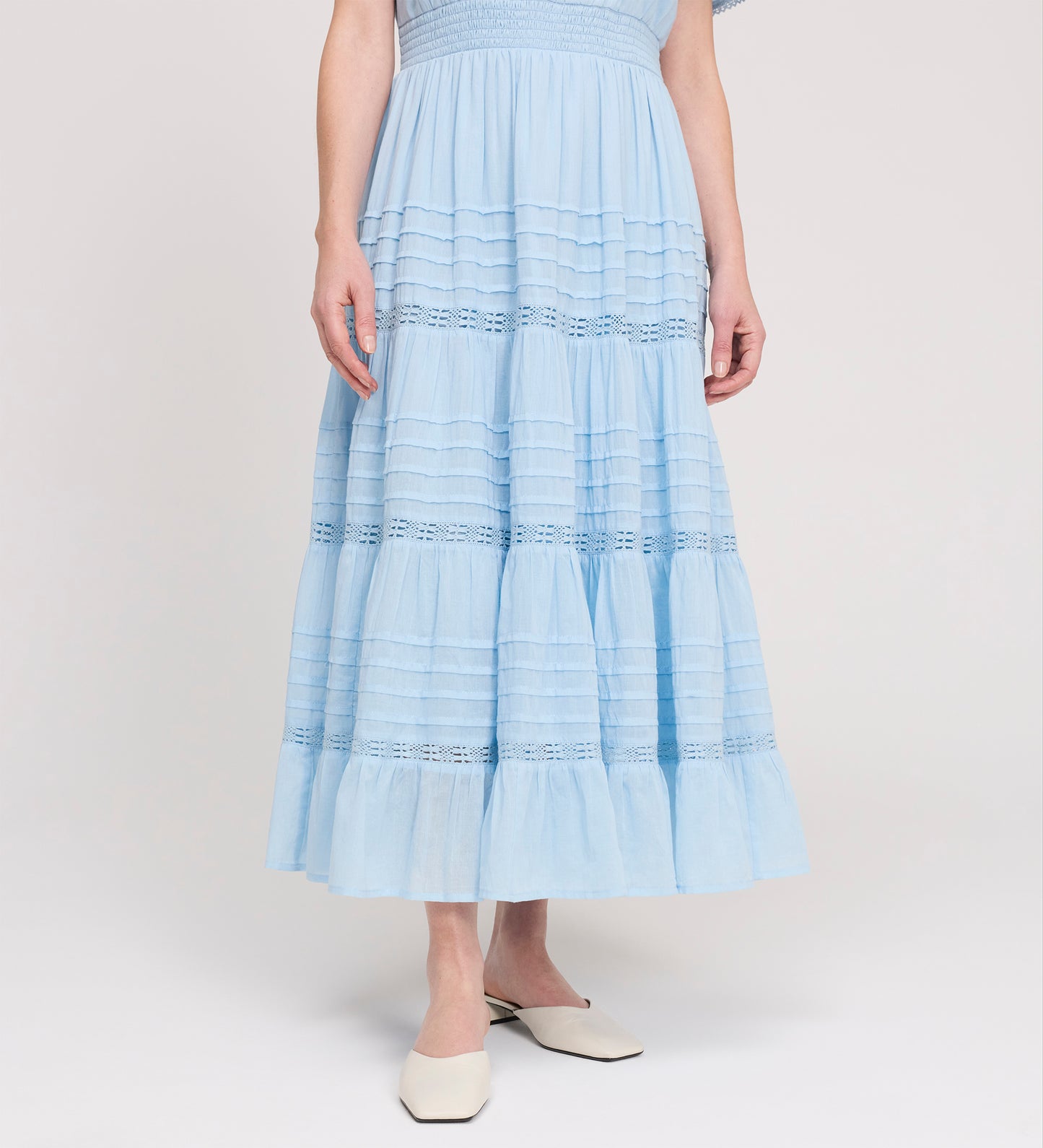 Juniper Pale Blue Cotton Lace Tiered Midi Dress